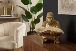 Riess-Ambiente Dekoration|Goldene Möbel > Deko-Figur GORILLA 40cm gold beige handmade mit Schale im Blatt-Design