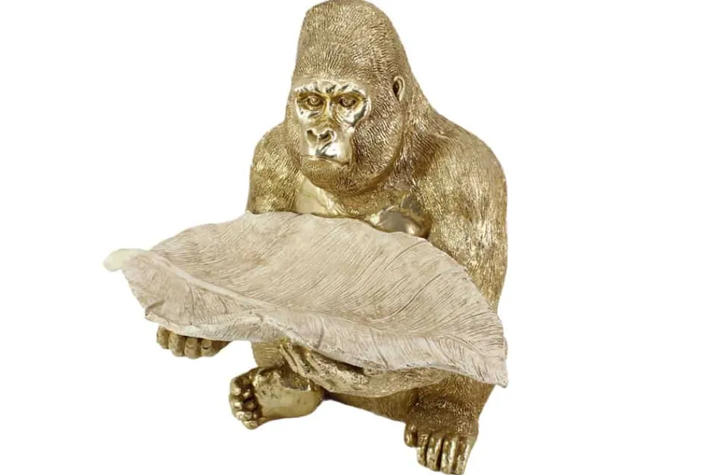 Riess-Ambiente Dekoration|Goldene Möbel > Deko-Figur GORILLA 40cm gold beige handmade mit Schale im Blatt-Design