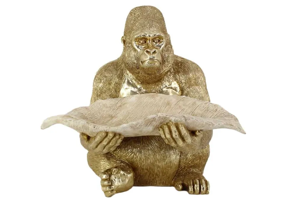 Riess-Ambiente Dekoration|Goldene Möbel > Deko-Figur GORILLA 40cm gold beige handmade mit Schale im Blatt-Design