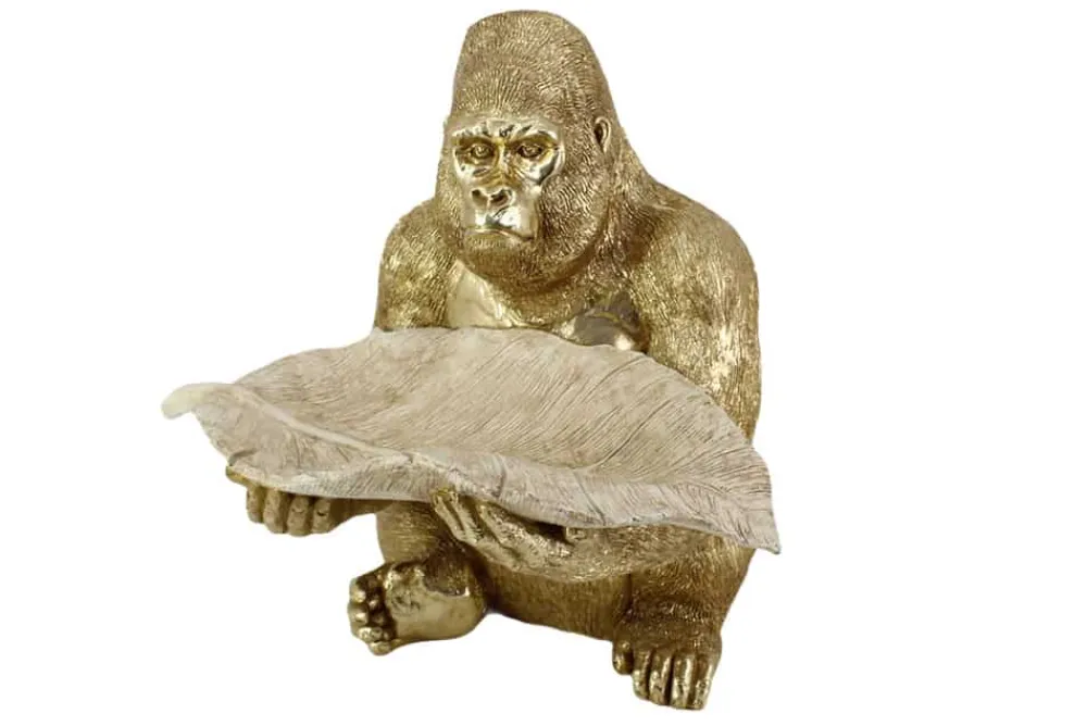 Riess-Ambiente Dekoration|Goldene Möbel > Deko-Figur GORILLA 40cm gold beige handmade mit Schale im Blatt-Design