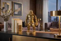 Riess-Ambiente Dekoration|Goldene Möbel > Deko-Figur KING APE 35cm gold Gorilla mit Hanteln handmade