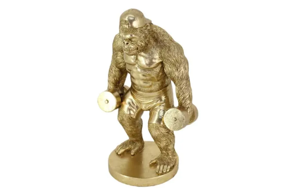 Riess-Ambiente Dekoration|Goldene Möbel > Deko-Figur KING APE 35cm gold Gorilla mit Hanteln handmade