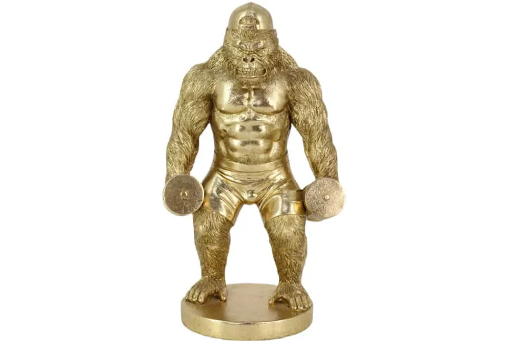 Riess-Ambiente Dekoration|Goldene Möbel > Deko-Figur KING APE 35cm gold Gorilla mit Hanteln handmade