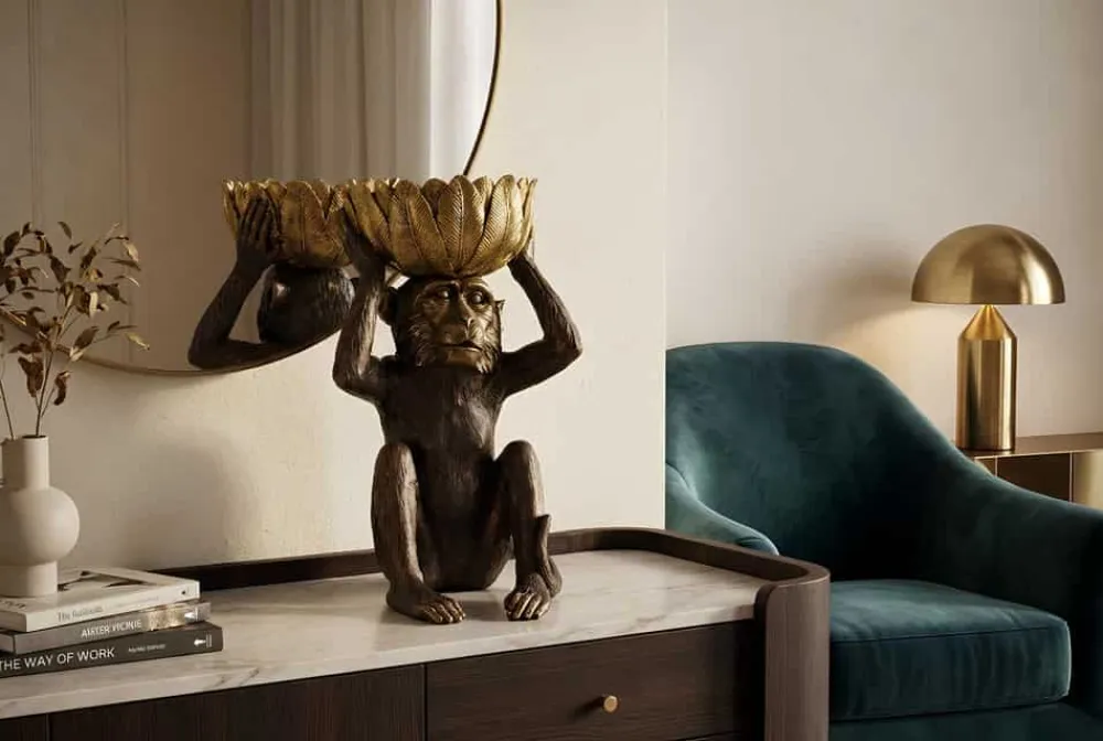 Riess-Ambiente Dekoration|Goldene Möbel > Deko-Figur MONKEY 50cm schwarz gold Affe mit Schale handmade