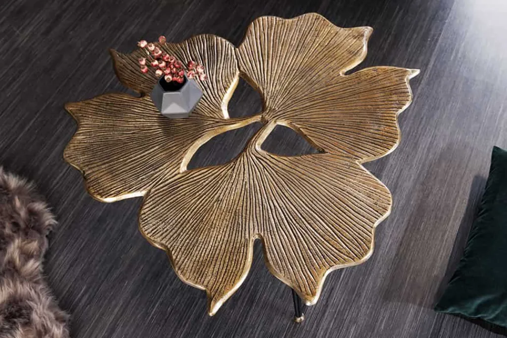 Riess-Ambiente Goldene Möbel|Couchtische & Truhen > Dekorativer Couchtisch GINKGO LEAFS 75cm gold handmade Metall