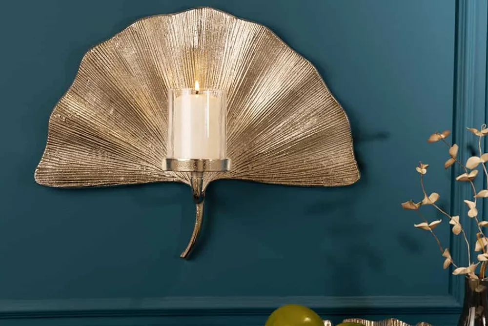 Riess-Ambiente Kerzenständer > Dekorativer Kerzenhalter GINKGO 44cm silber handmade Metall Wandteelicht