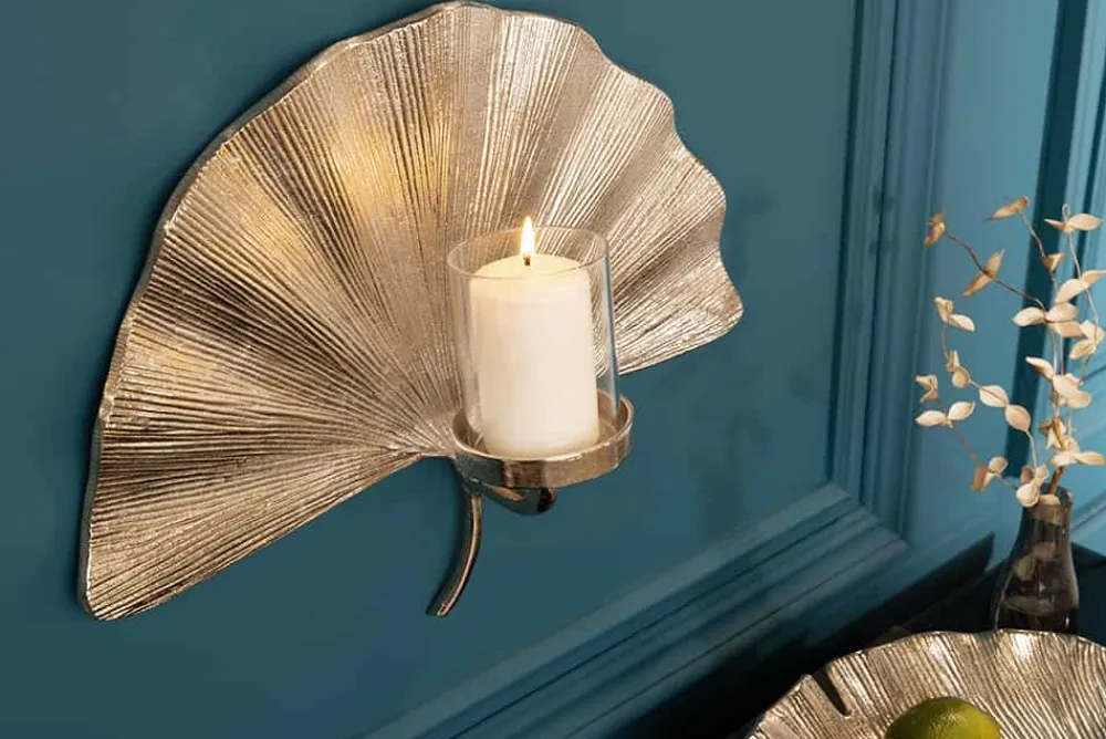 Riess-Ambiente Kerzenständer > Dekorativer Kerzenhalter GINKGO 44cm silber handmade Metall Wandteelicht