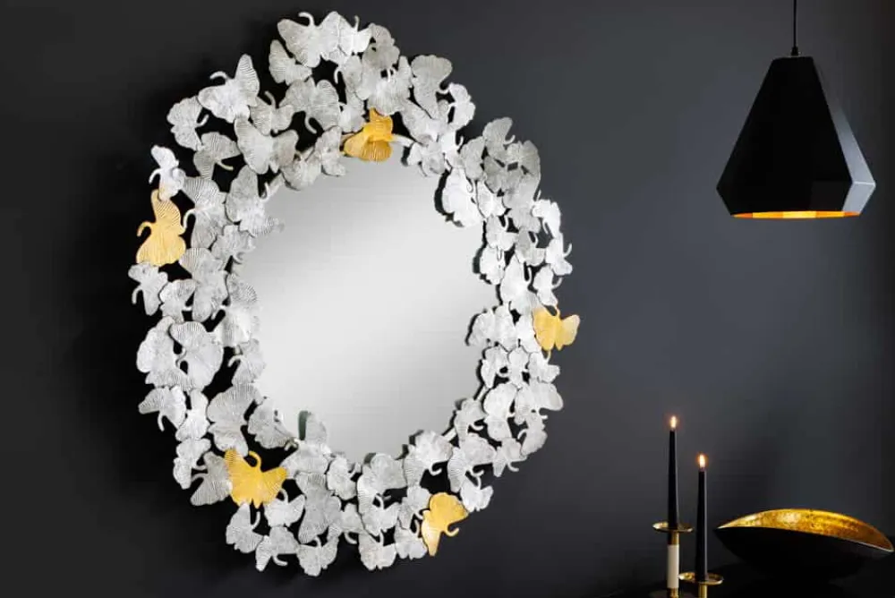 Riess-Ambiente Goldene Möbel|Spiegel > Dekorativer Wandspiegel GINKGO LEAFS XL 90cm gold silber rund aus Metall handmade