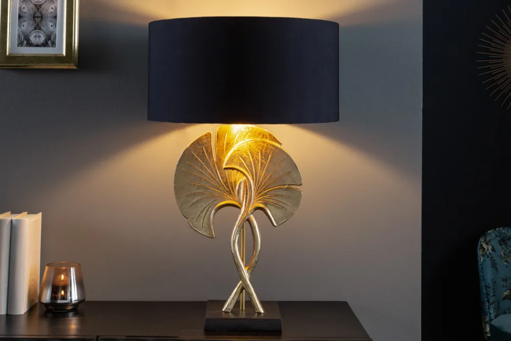 Riess-Ambiente Goldene Möbel|Tischlampen > Dekorative Tischlampe GINKGO 62cm schwarz gold Metall Skulptur Leuchte mit Marmorfuß