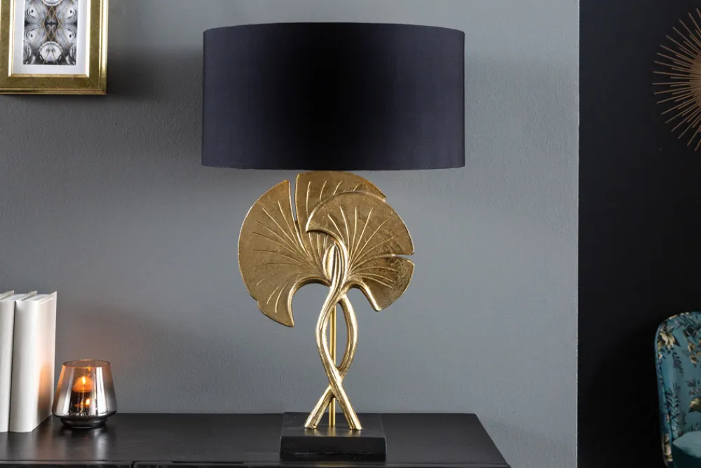 Riess-Ambiente Goldene Möbel|Tischlampen > Dekorative Tischlampe GINKGO 62cm schwarz gold Metall Skulptur Leuchte mit Marmorfuß