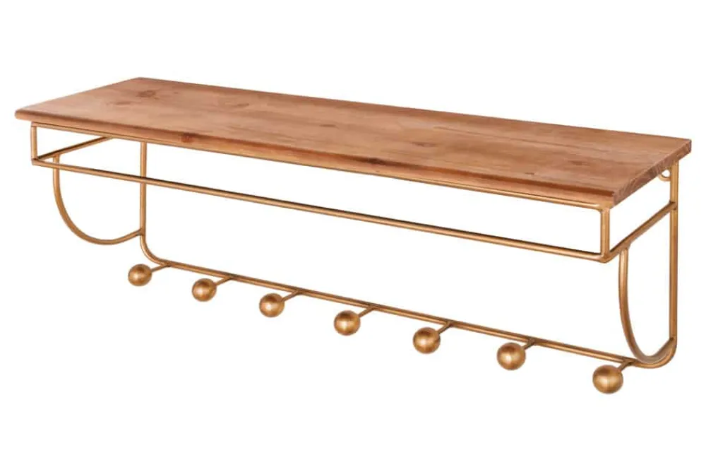 Riess-Ambiente Wandregale|Goldene Möbel > Dekorative Wandgarderobe HERITAGE 80cm natur gold messing Pinie Metall mit Ablage