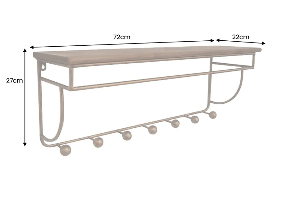 Riess-Ambiente Wandregale|Goldene Möbel > Dekorative Wandgarderobe HERITAGE 80cm natur gold messing Pinie Metall mit Ablage