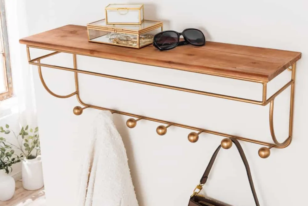 Riess-Ambiente Wandregale|Goldene Möbel > Dekorative Wandgarderobe HERITAGE 80cm natur gold messing Pinie Metall mit Ablage