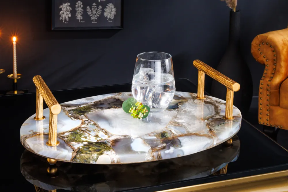 Riess-Ambiente Goldene Möbel|Etageren & Tabletts > Deko Serviertablett NOBLE 40cm Edelstein handmade Achat Quarz Goldgriffe
