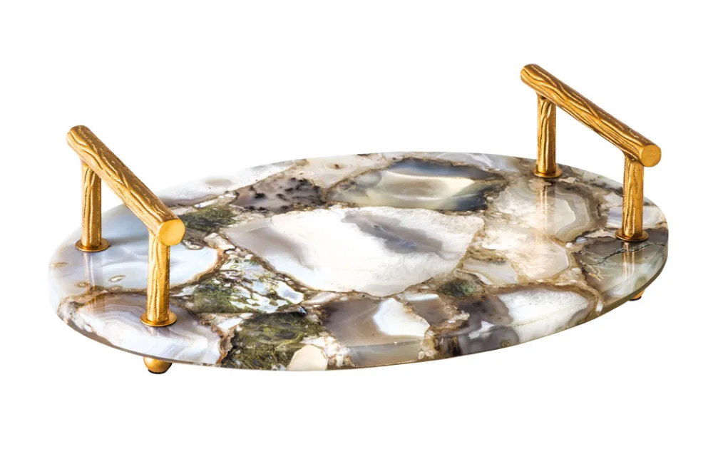 Riess-Ambiente Goldene Möbel|Etageren & Tabletts > Deko Serviertablett NOBLE 40cm Edelstein handmade Achat Quarz Goldgriffe