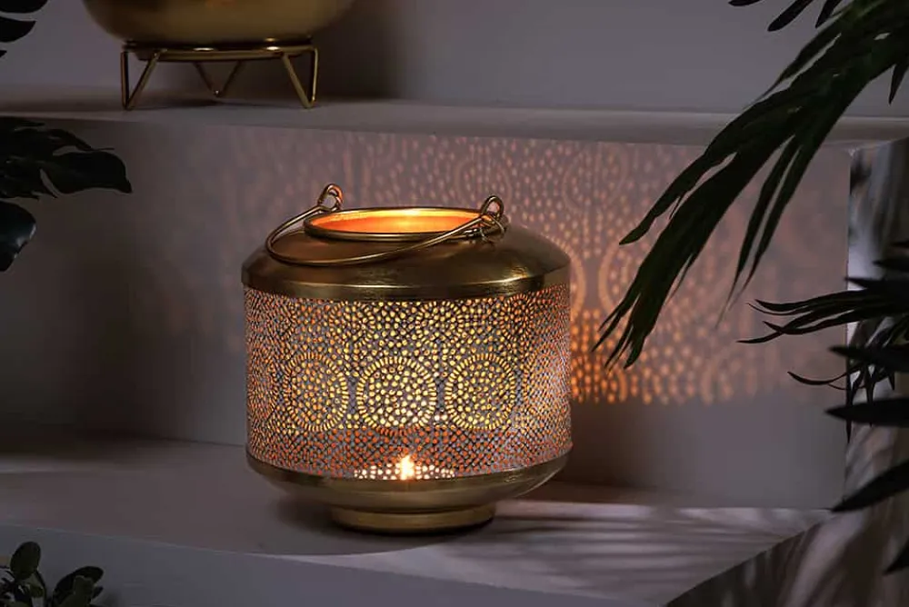 Riess-Ambiente Dekoration|Goldene Möbel > Deko Windlicht ORIENT 20cm gold Metall mit Patina handmade Laterne