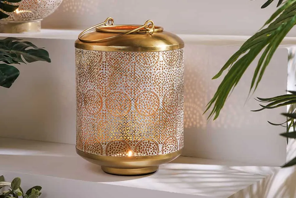 Riess-Ambiente Dekoration|Goldene Möbel > Deko Windlicht ORIENT 25cm gold Metall mit Patina handmade Laterne