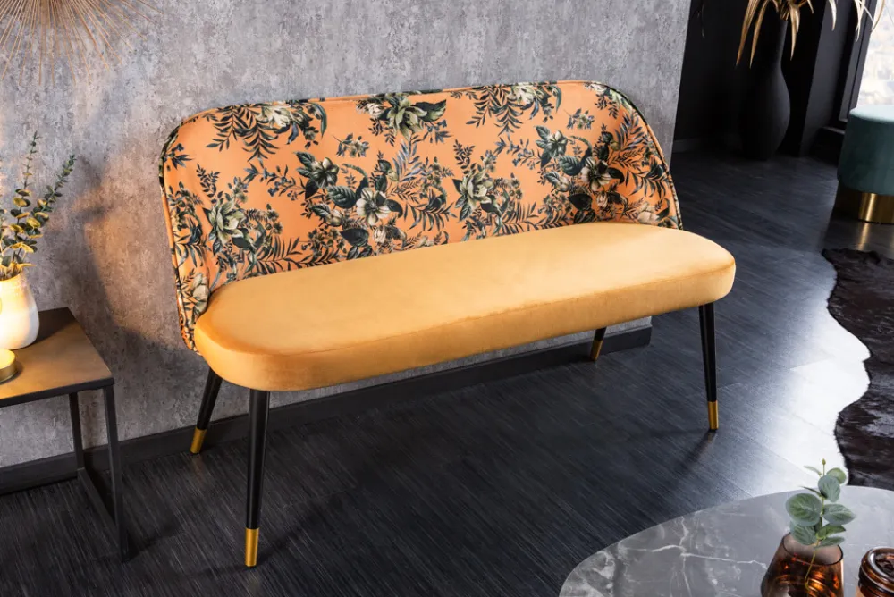 Riess-Ambiente Sitzbänke|Retro Möbel > Design Bank PRÊT-À-PORTER gelb Samt florales Muster und goldene Fußkappen