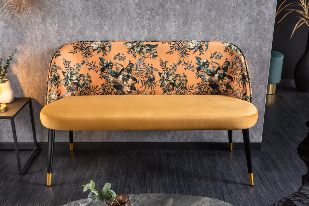 Riess-Ambiente Sitzbänke|Retro Möbel > Design Bank PRÊT-À-PORTER gelb Samt florales Muster und goldene Fußkappen