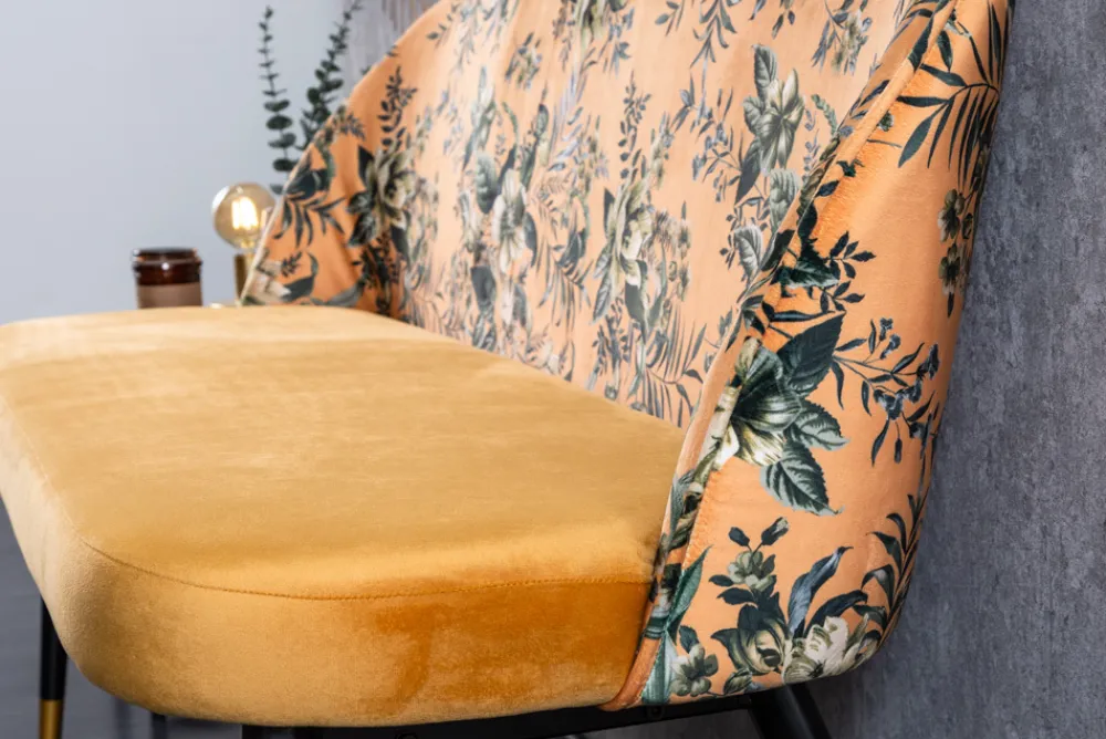 Riess-Ambiente Sitzbänke|Retro Möbel > Design Bank PRÊT-À-PORTER gelb Samt florales Muster und goldene Fußkappen