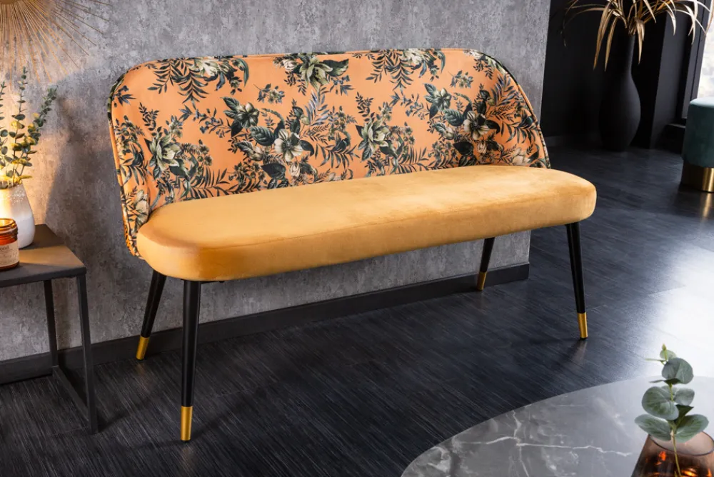 Riess-Ambiente Sitzbänke|Retro Möbel > Design Bank PRÊT-À-PORTER gelb Samt florales Muster und goldene Fußkappen