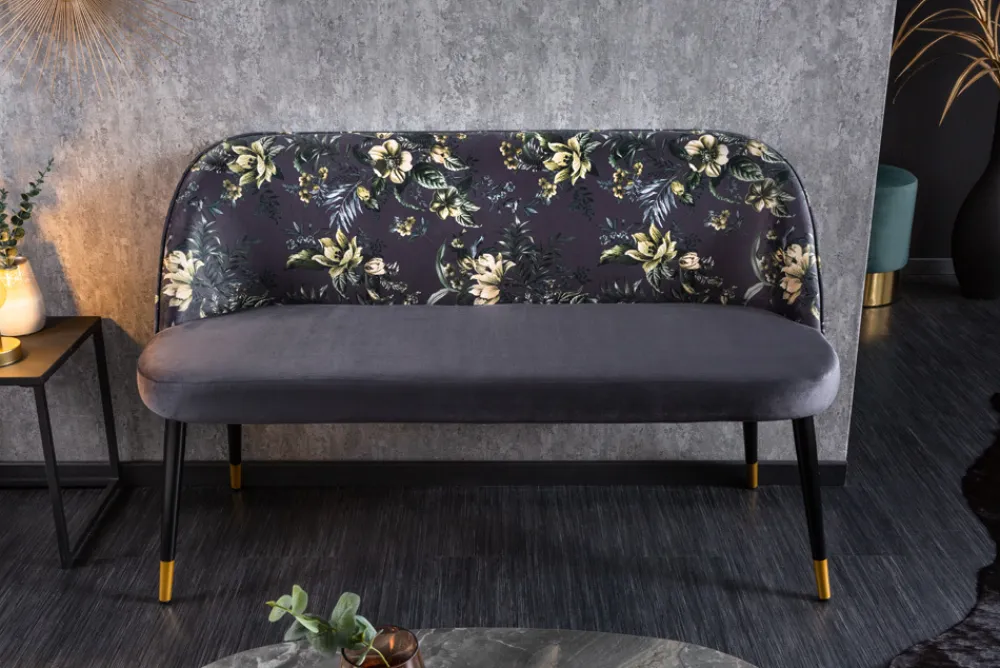 Riess-Ambiente Sitzbänke|Retro Möbel > Design Bank PRÊT-À-PORTER grau Samt florales Muster und goldene Fußkappen