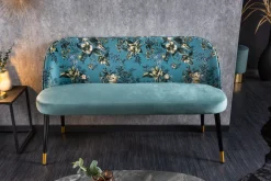 Riess-Ambiente Sitzbänke|Retro Möbel > Design Bank PRÊT-À-PORTER türkis Samt florales Muster und goldene Fußkappen