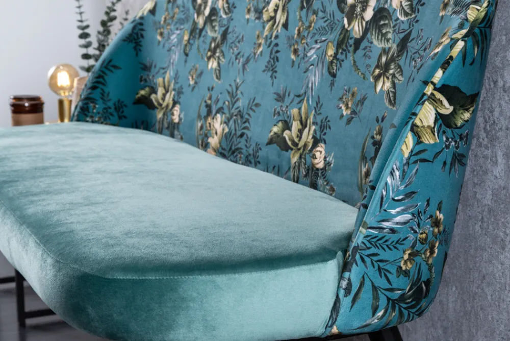 Riess-Ambiente Sitzbänke|Retro Möbel > Design Bank PRÊT-À-PORTER türkis Samt florales Muster und goldene Fußkappen