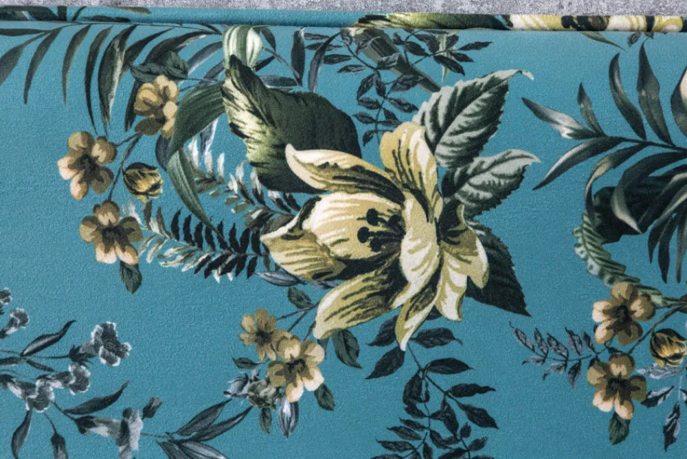 Riess-Ambiente Sitzbänke|Retro Möbel > Design Bank PRÊT-À-PORTER türkis Samt florales Muster und goldene Fußkappen