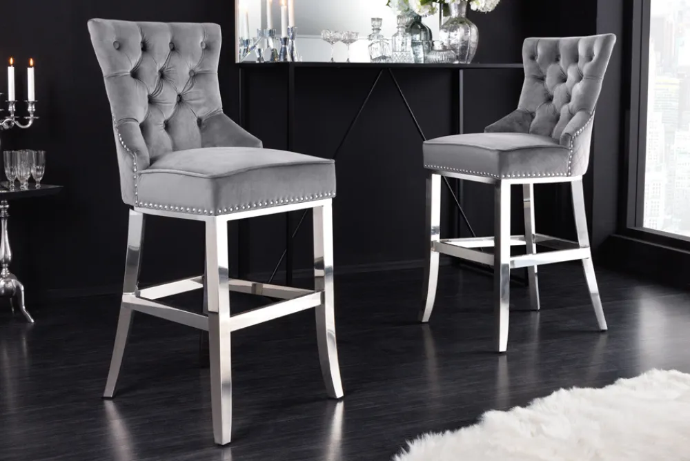 Riess-Ambiente Barhocker|Samt Möbel > Design Barhocker CASTLE DELUXE grau Samt silber Edelstahl mit Lehne Chesterfield