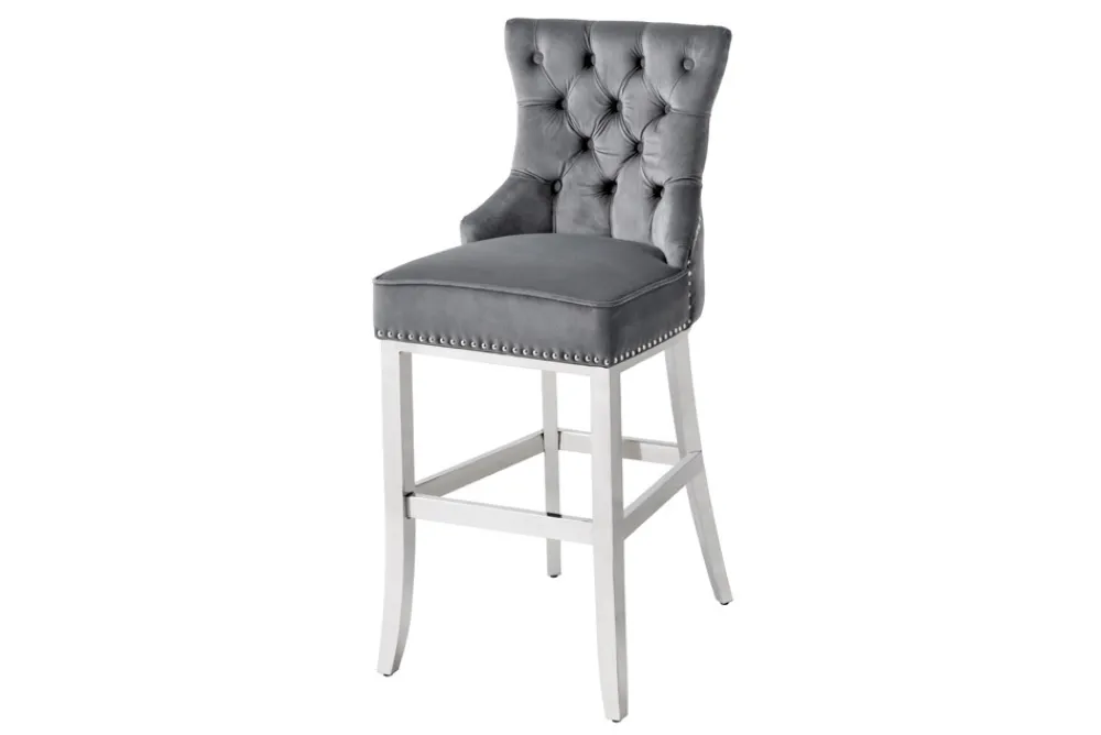 Riess-Ambiente Barhocker|Samt Möbel > Design Barhocker CASTLE DELUXE grau Samt silber Edelstahl mit Lehne Chesterfield