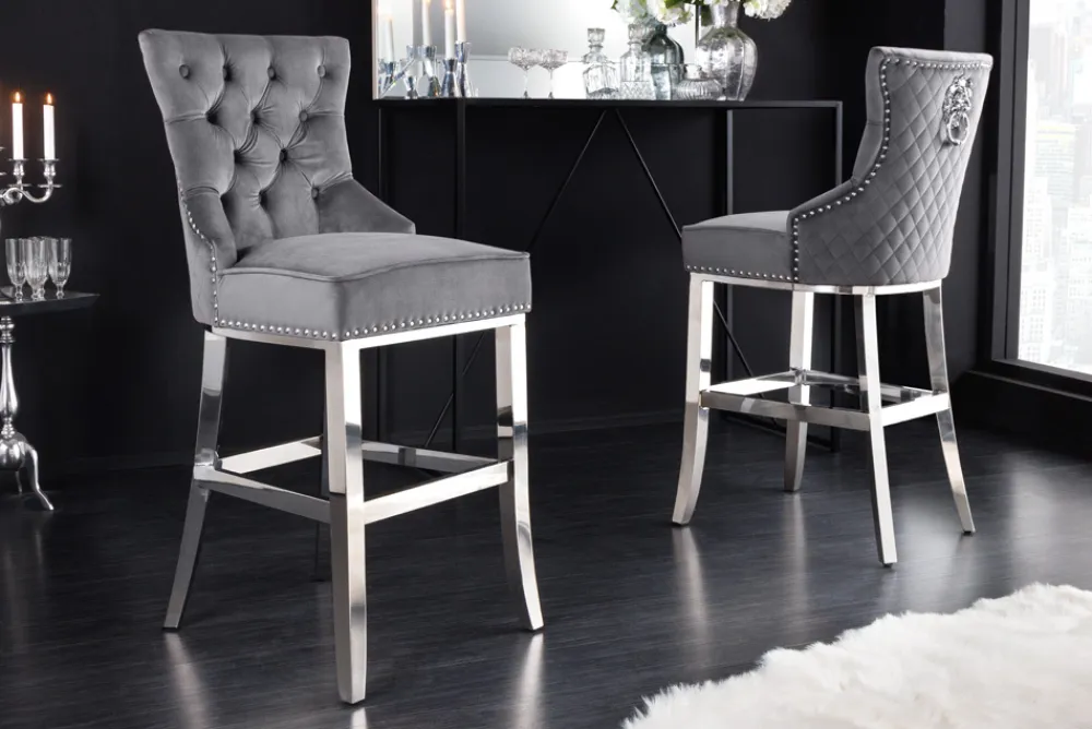 Riess-Ambiente Barhocker|Samt Möbel > Design Barhocker CASTLE DELUXE grau Samt silber Edelstahl mit Lehne Chesterfield