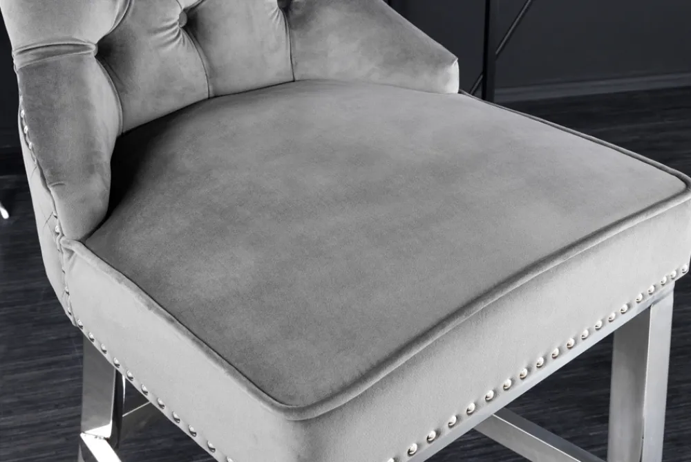 Riess-Ambiente Barhocker|Samt Möbel > Design Barhocker CASTLE DELUXE grau Samt silber Edelstahl mit Lehne Chesterfield