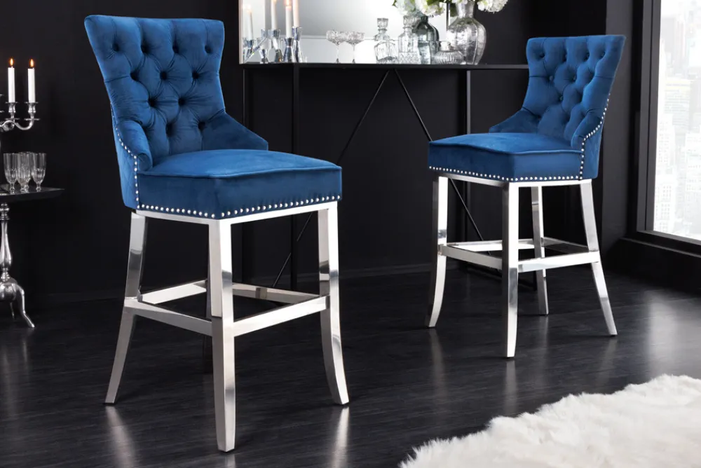 Riess-Ambiente Barhocker|Samt Möbel > Design Barhocker CASTLE DELUXE royalblau Samt silber Edelstahl mit Lehne Chesterfield