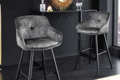 Riess-Ambiente Retro Möbel|Barhocker > Design Barhocker EUPHORIA grau Samt schwarze Metallbeine Barstuhl mit Lehne