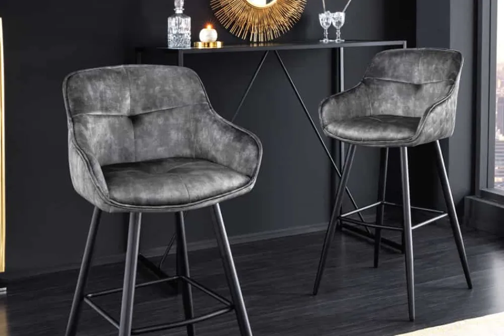 Riess-Ambiente Retro Möbel|Barhocker > Design Barhocker EUPHORIA grau Samt schwarze Metallbeine Barstuhl mit Lehne