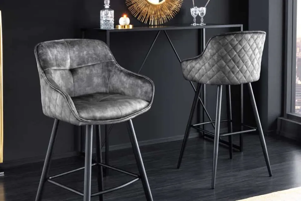Riess-Ambiente Retro Möbel|Barhocker > Design Barhocker EUPHORIA grau Samt schwarze Metallbeine Barstuhl mit Lehne