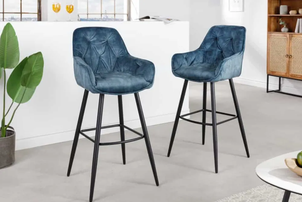 Riess-Ambiente Barhocker|Samt Möbel > Design Barhocker MILANO petrol Samt Barstuhl mit Lehne Metall schwarz