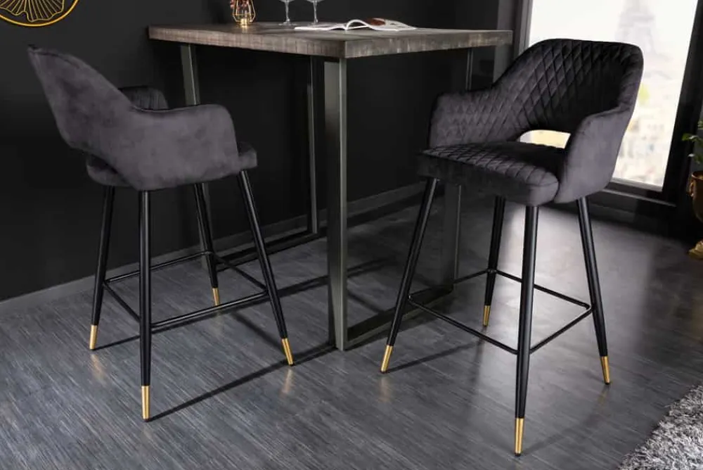 Riess-Ambiente Retro Möbel|Barhocker > Design Barhocker PARIS grau Samt mit Lehne Metall schwarz gold Ziersteppung