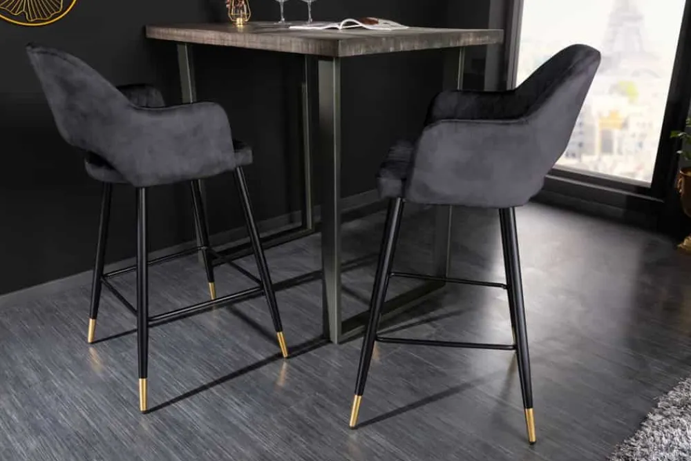 Riess-Ambiente Retro Möbel|Barhocker > Design Barhocker PARIS grau Samt mit Lehne Metall schwarz gold Ziersteppung