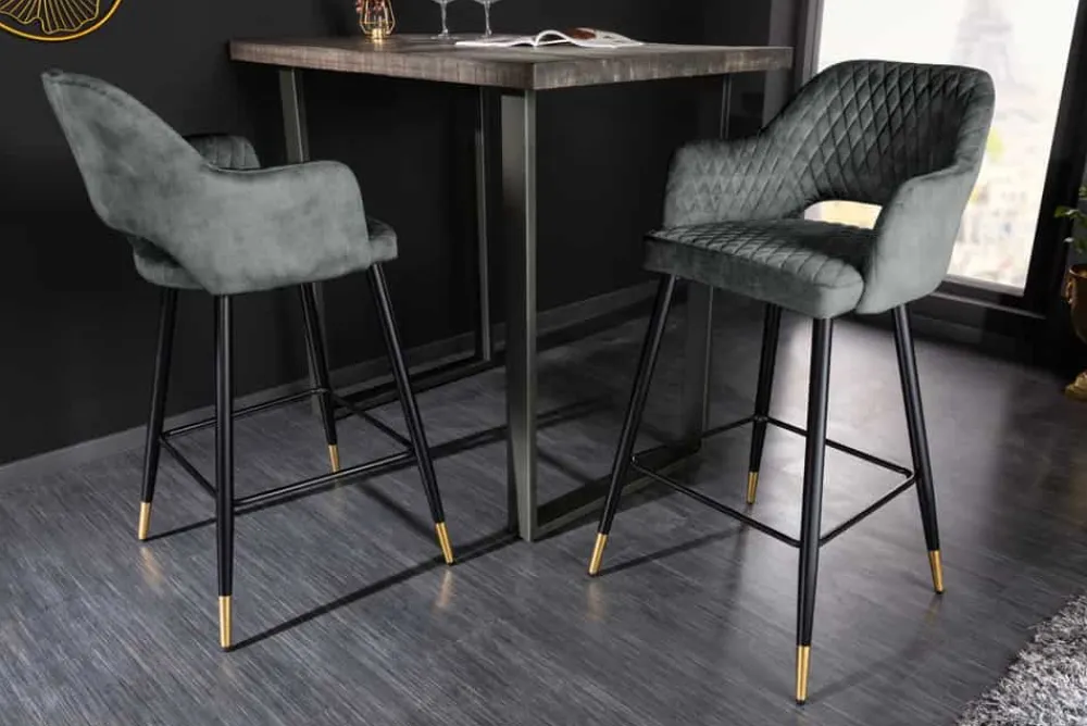 Riess-Ambiente Retro Möbel|Barhocker > Design Barhocker PARIS grün Samt mit Lehne Metall schwarz gold Ziersteppung
