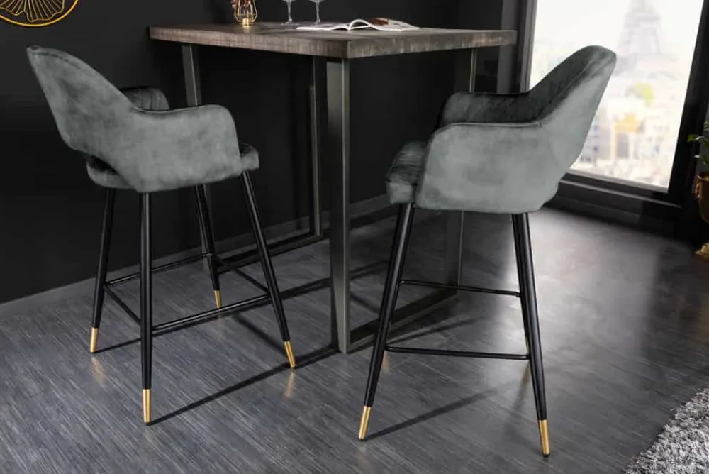 Riess-Ambiente Retro Möbel|Barhocker > Design Barhocker PARIS grün Samt mit Lehne Metall schwarz gold Ziersteppung