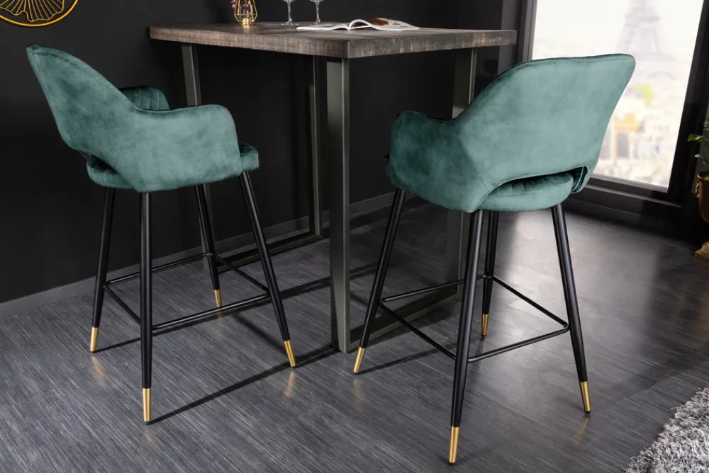 Riess-Ambiente Goldene Möbel|Retro Möbel > Design Barhocker PARIS petrol Samt Ziersteppung Fußkappen gold mit Armlehnen