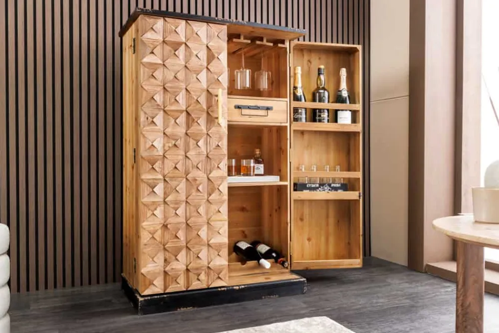 Riess-Ambiente Mehr...|Massivholzschränke > Design Barschrank BODEGA 120cm natur Pinienholz mit 3D-Front und Flaschenregal