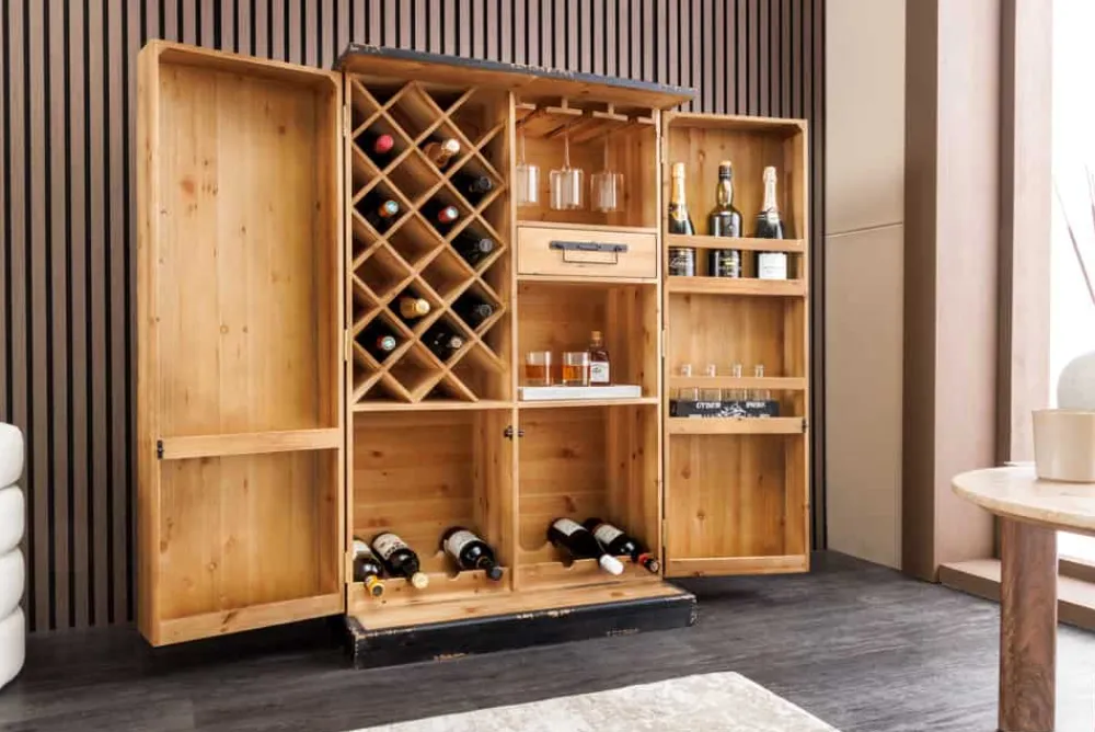 Riess-Ambiente Mehr...|Massivholzschränke > Design Barschrank BODEGA 120cm natur Pinienholz mit 3D-Front und Flaschenregal