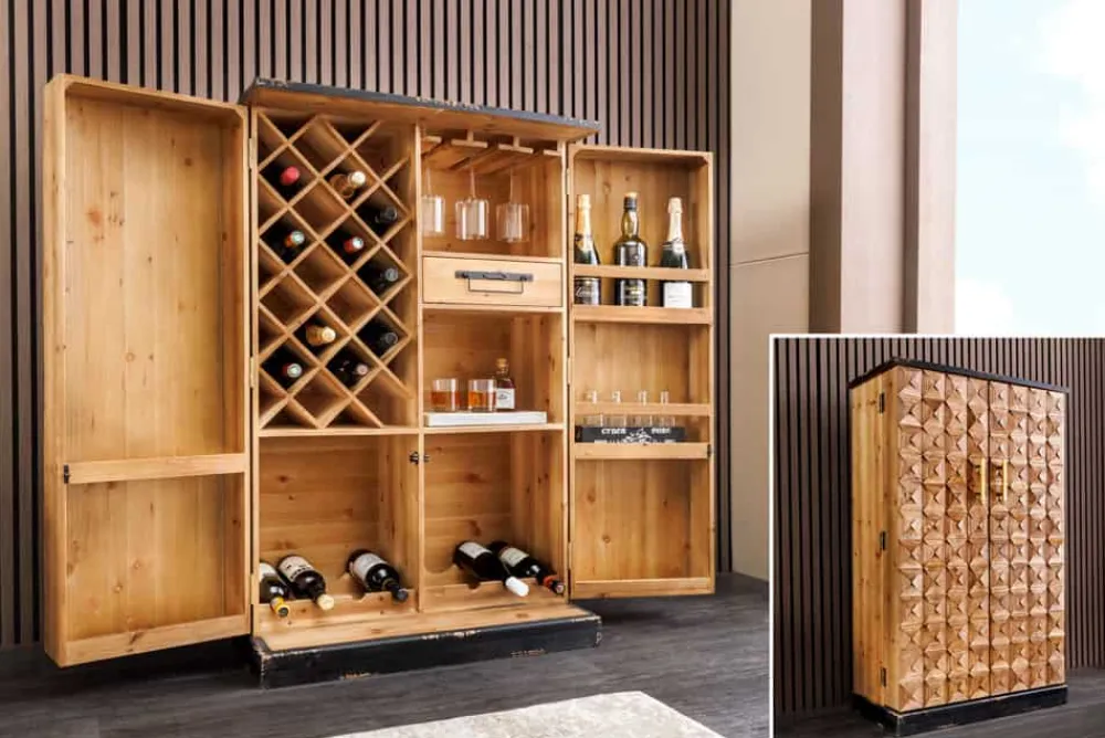 Riess-Ambiente Mehr...|Massivholzschränke > Design Barschrank BODEGA 120cm natur Pinienholz mit 3D-Front und Flaschenregal
