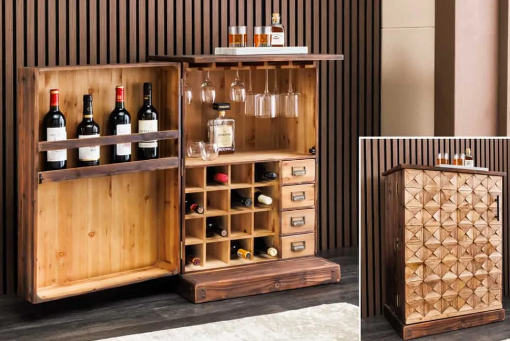 Riess-Ambiente Mehr...|Massivholzschränke > Design Barschrank BODEGA 90cm natur Pinienholz Weinregal Glashalter Schubladen