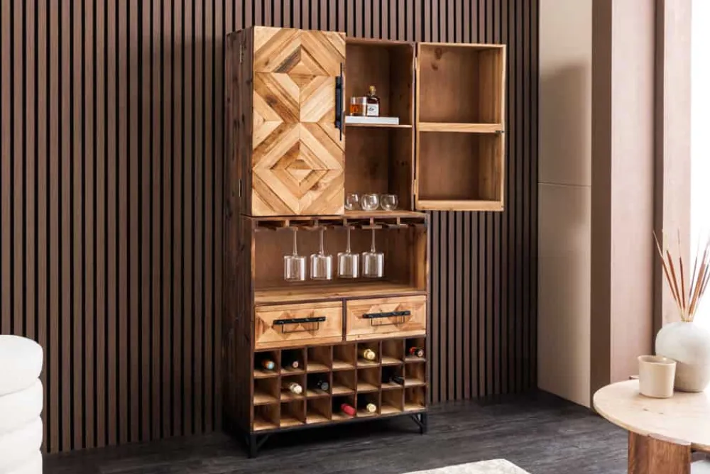 Riess-Ambiente Mehr...|Massivholzschränke > Design Barschrank BODEGA 160cm natur Pinienholz Weinregal Glashalter Schubladen