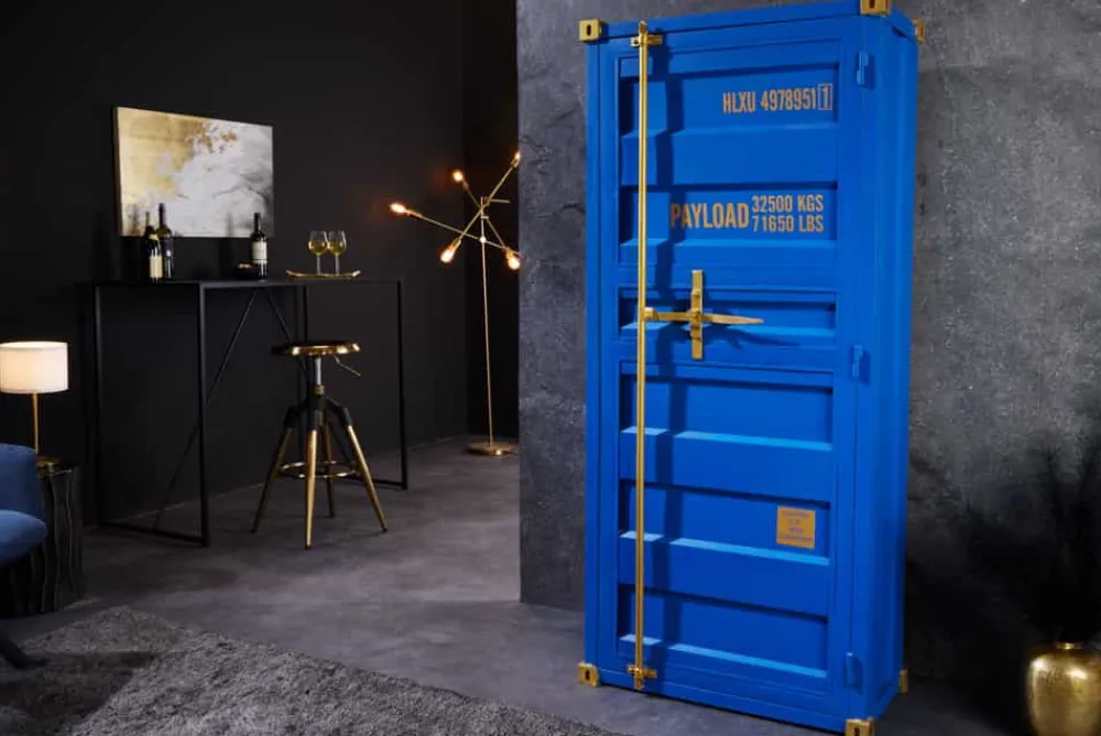 Riess-Ambiente Industrial Loft|Weinregale > Design Barschrank Container GLOBETROTTER 180cm blau Weinregal Upcycling