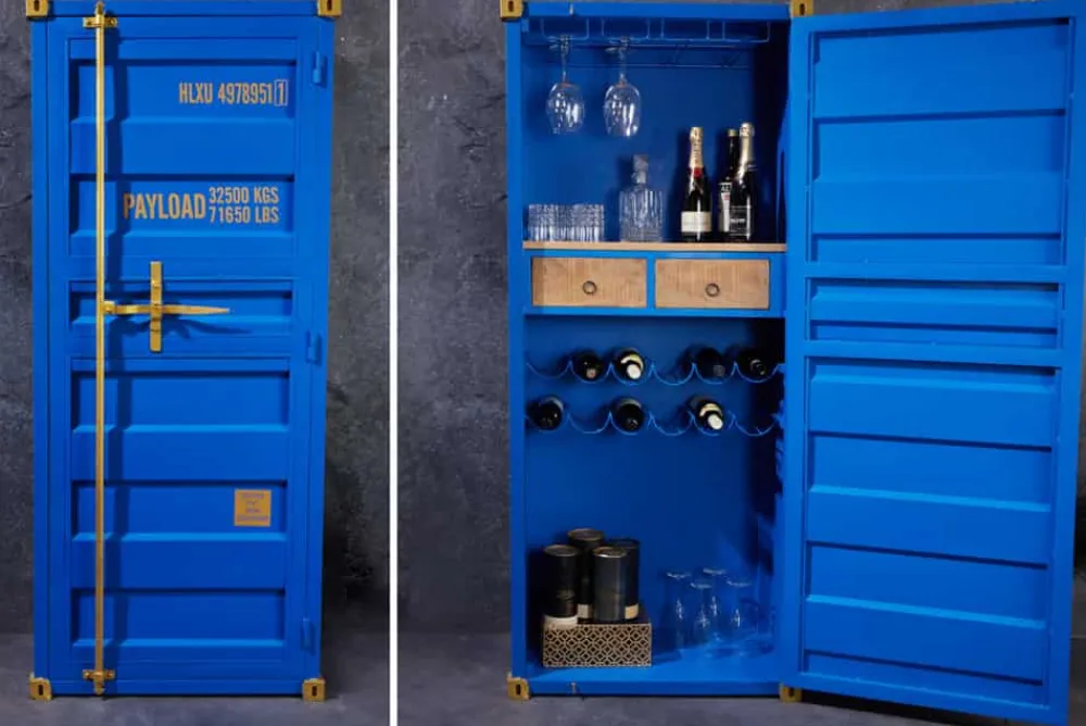 Riess-Ambiente Industrial Loft|Weinregale > Design Barschrank Container GLOBETROTTER 180cm blau Weinregal Upcycling
